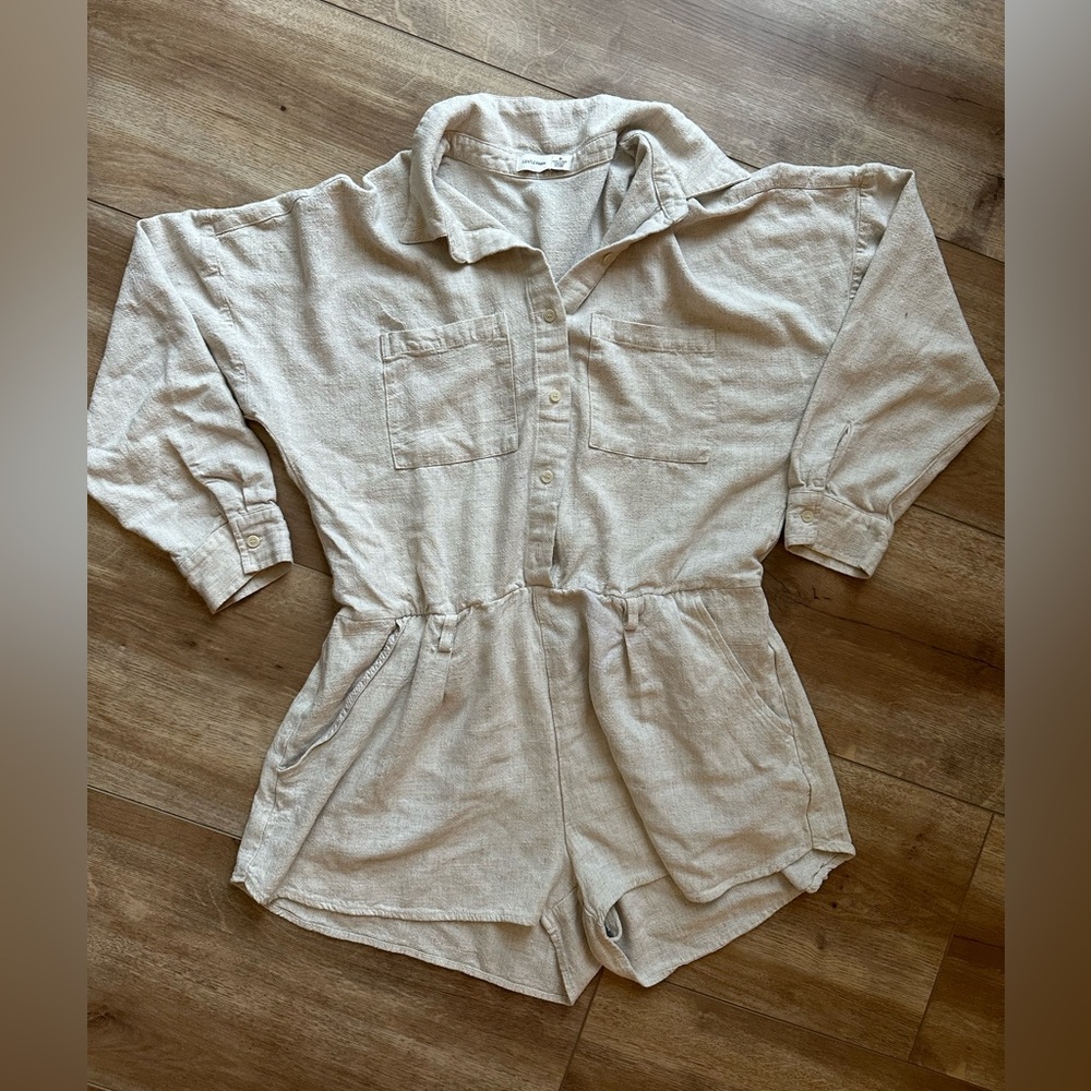 GENTLE FAWN TAN ROMPER BUTTON UP DETAIL